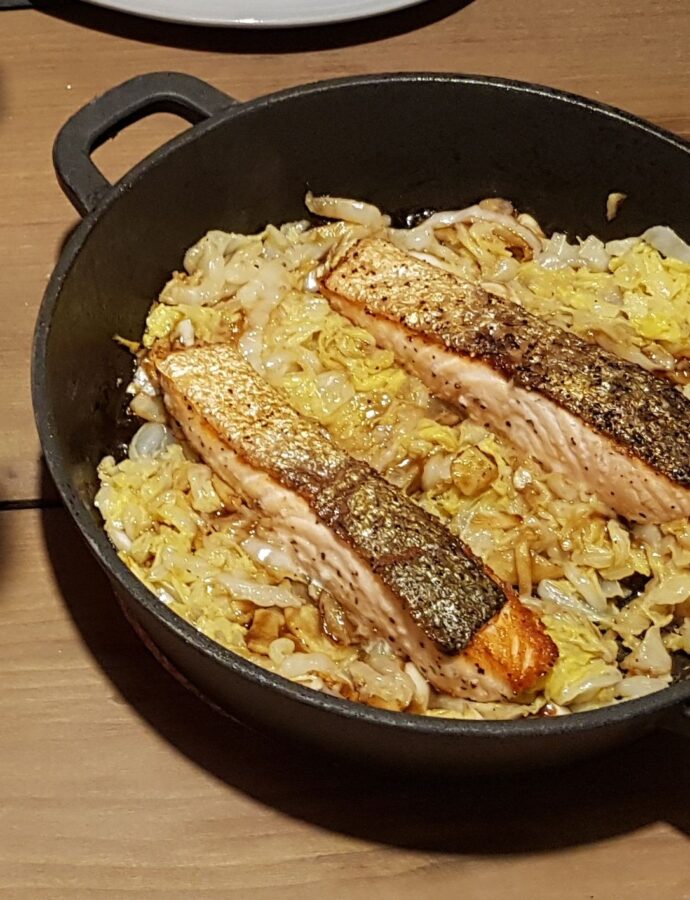 Pan seared salmon with napa cabbage