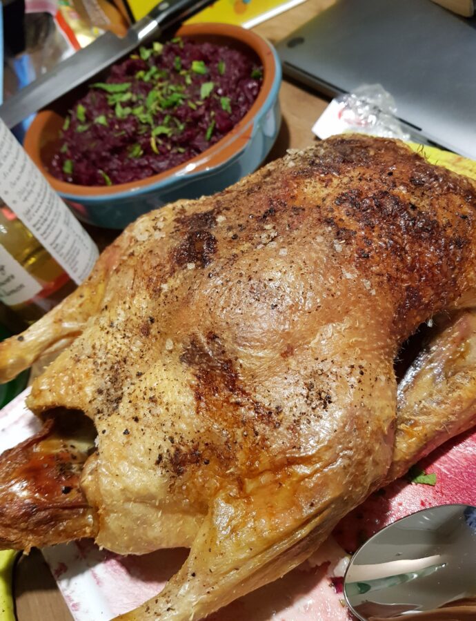 Roast duck with beetroot compote