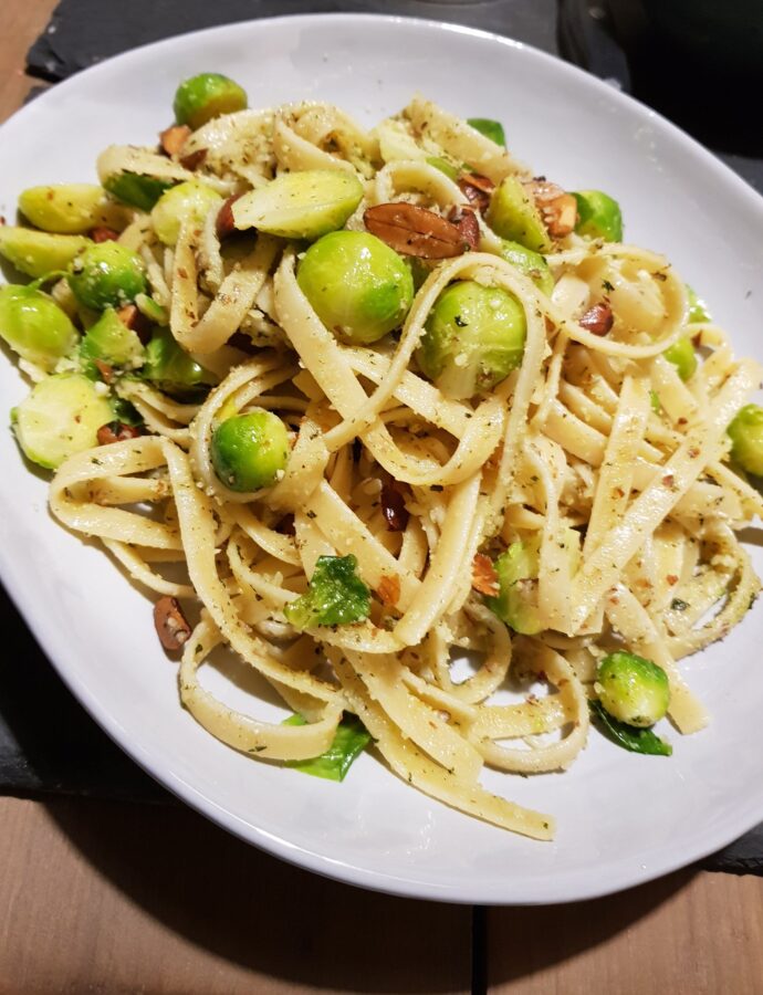Pesto Tagliatelle with Almond Sprouts