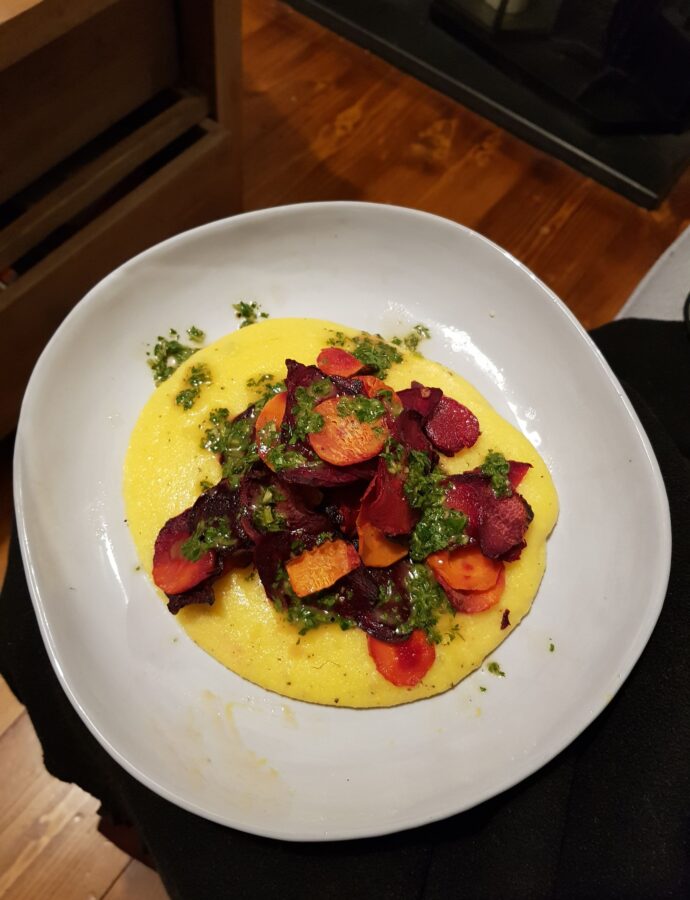 Polenta and pickled roots