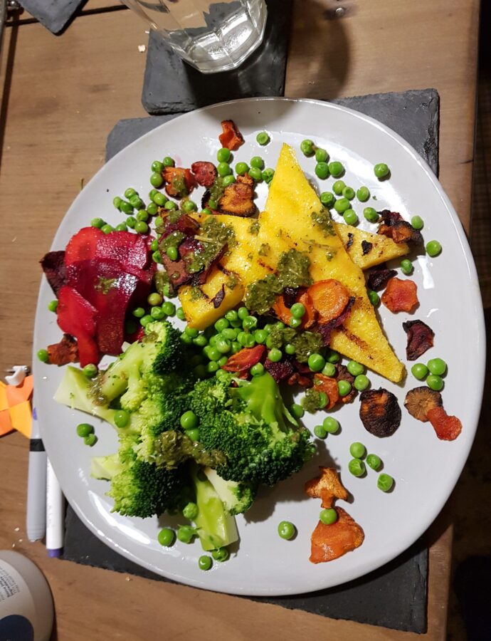 Grilled polenta and veggie mess