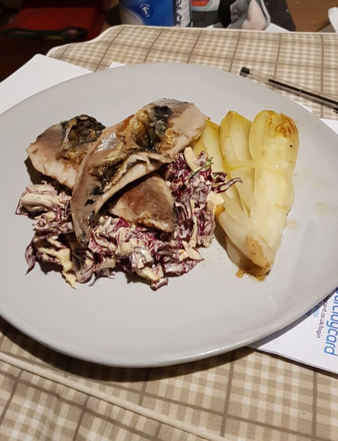 Mackerel ceasar salad with braised chicory