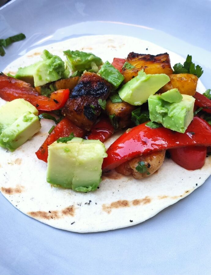 Pepper and prawn tacos