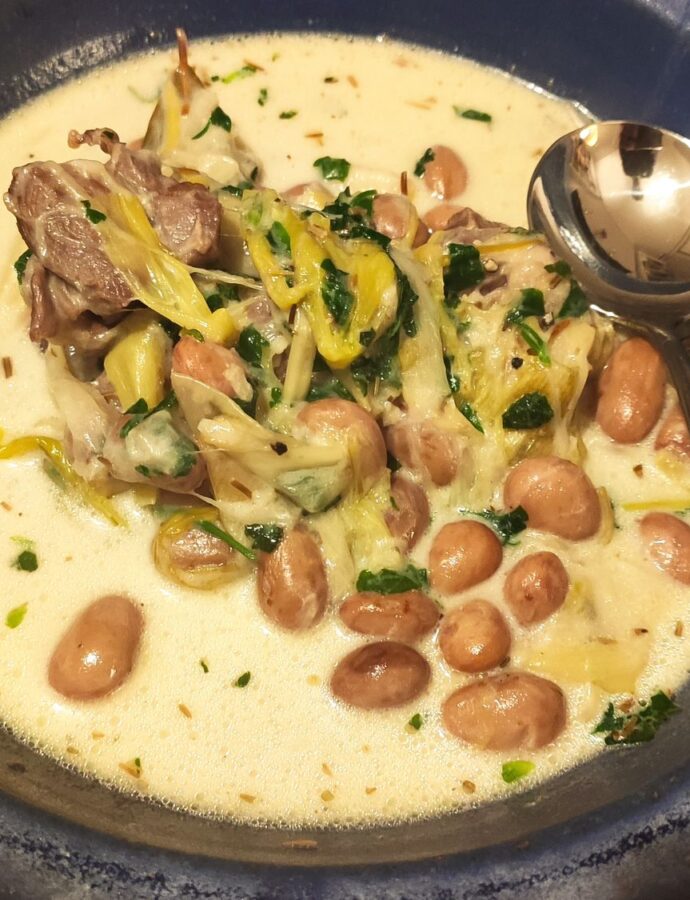 Braised lamb with leeks and beans