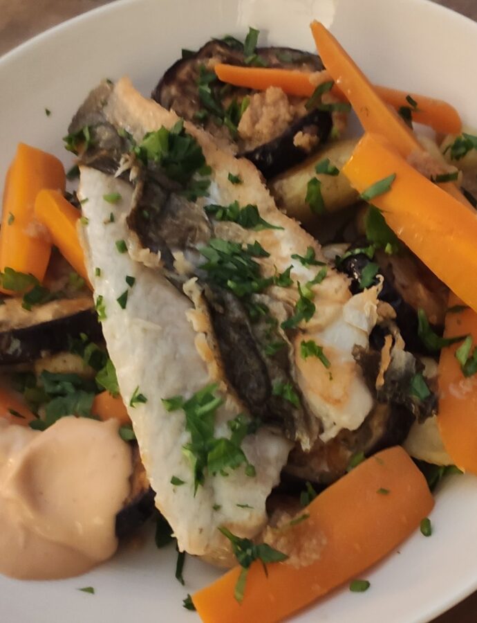 Roast miso vegetables and sea bass