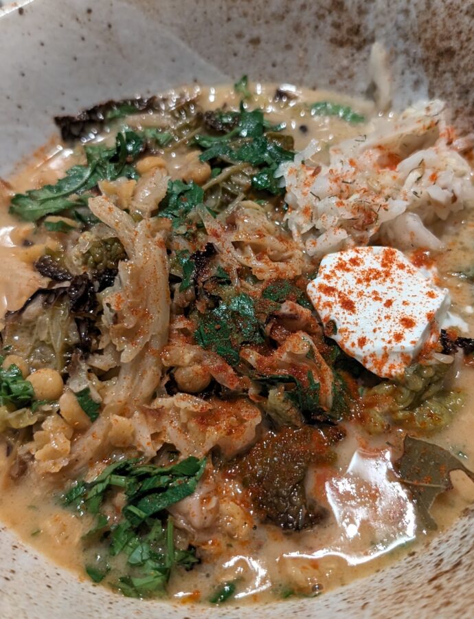 Roast cabbage with chana dal and sauerkraut