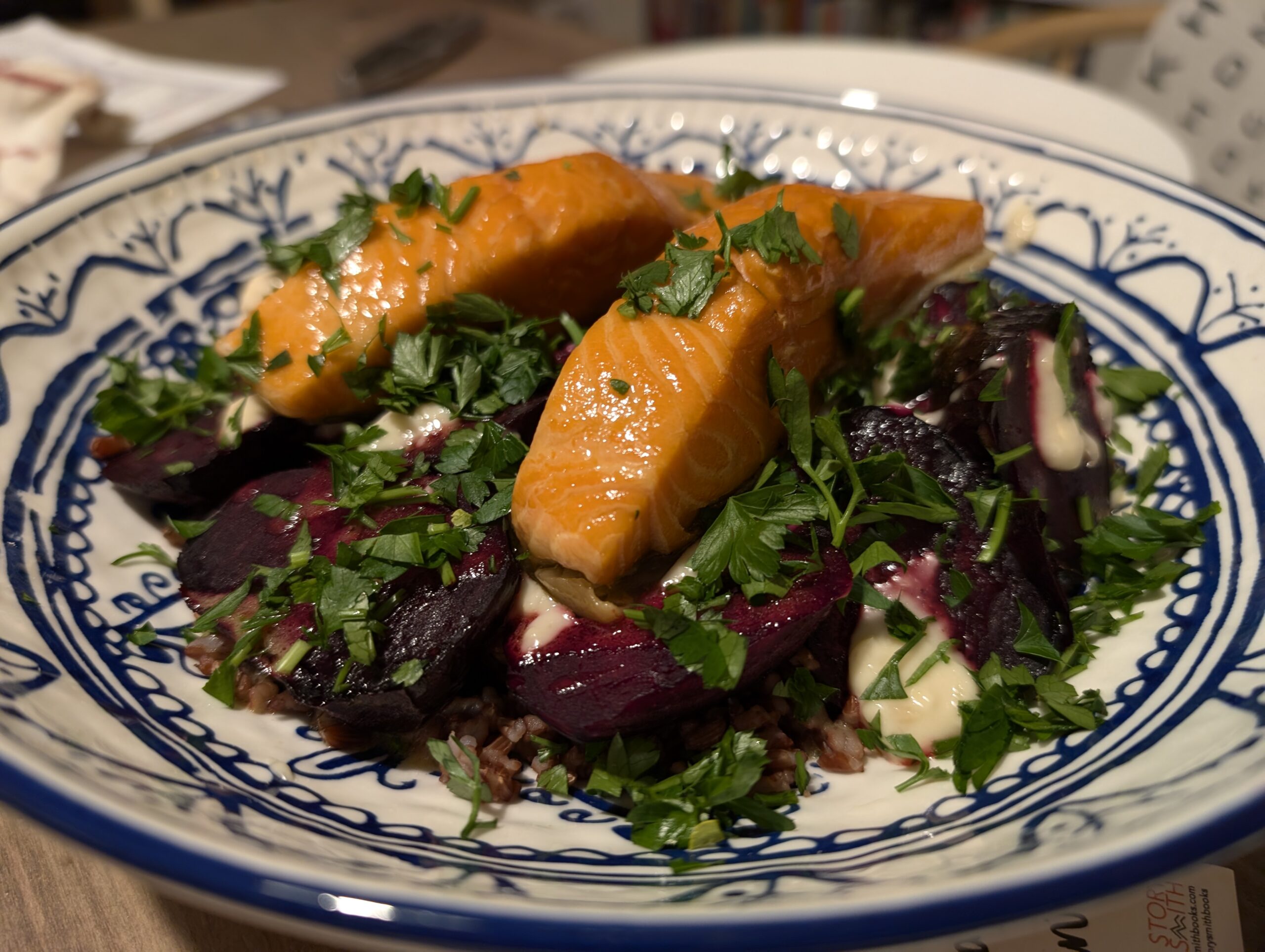 Beetroot salad and hot smoked fish